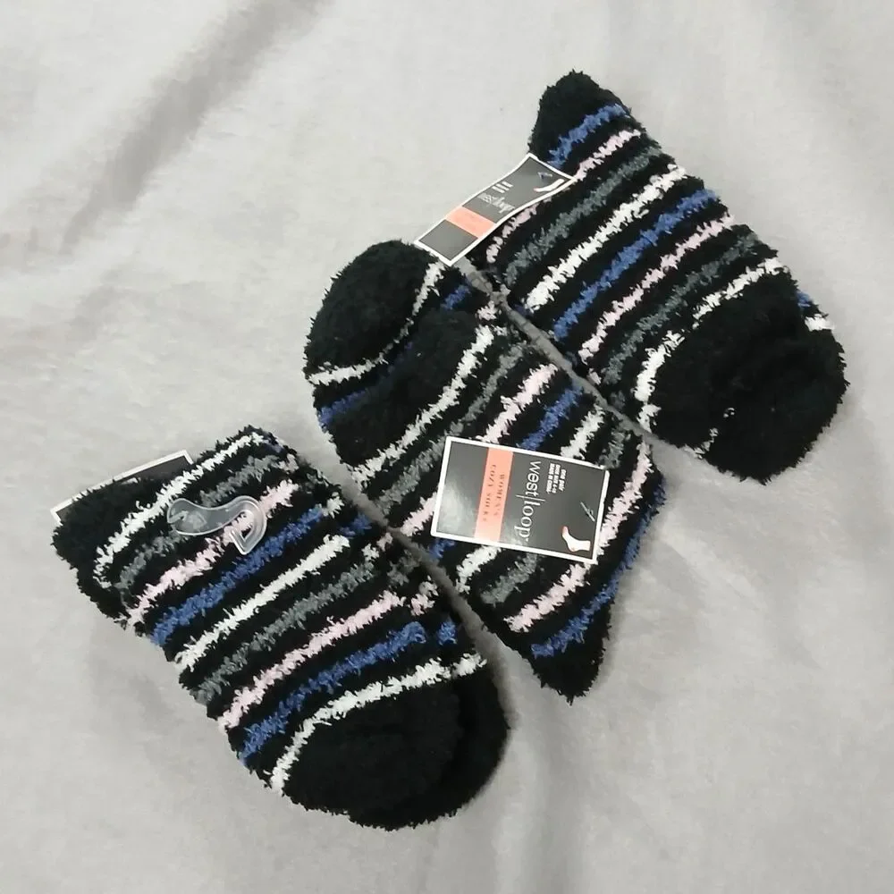 3 pair Westloop Fuzzy Crew Socks Blue Striped Warm Soft NWT Women's Size: 4-10